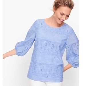 Talbots Embroidered Voile Top Cross Dye Cornflower Blue Size S
